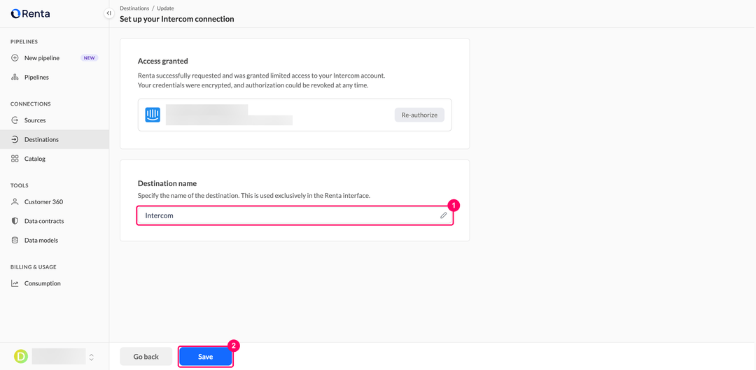 Страница настройки подключения Intercom с полем имени назначения и кнопкой Save