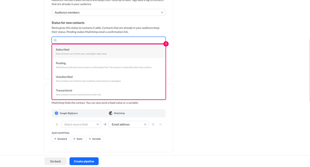 Status for new contacts dropdown with the Subscribed, Pending, Unsubscribed, and Transactional options