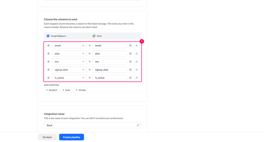 Choose the columns to send mapper with the model columns mapped to the table column headers