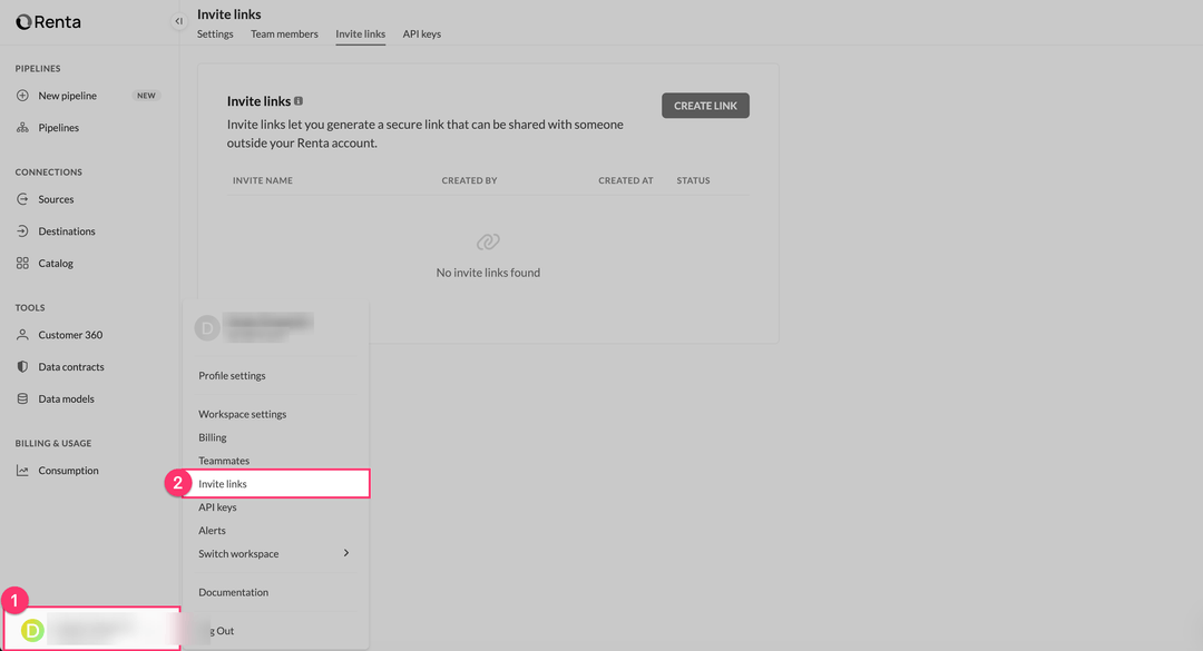 Меню профиля пользователя с выделенным пунктом Invite links
