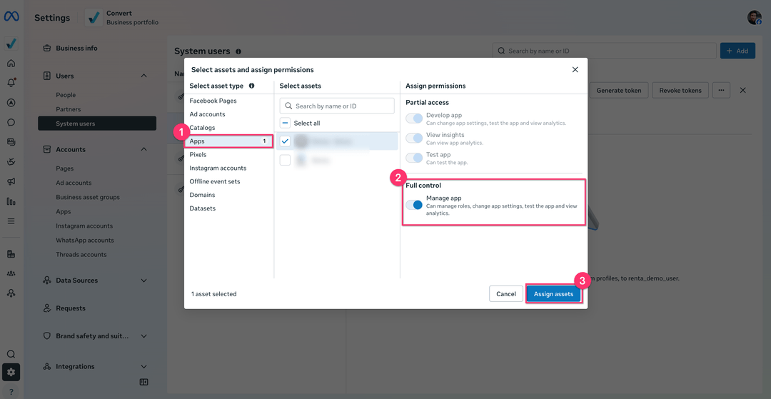Select assets dialog with Apps and Manage app permission