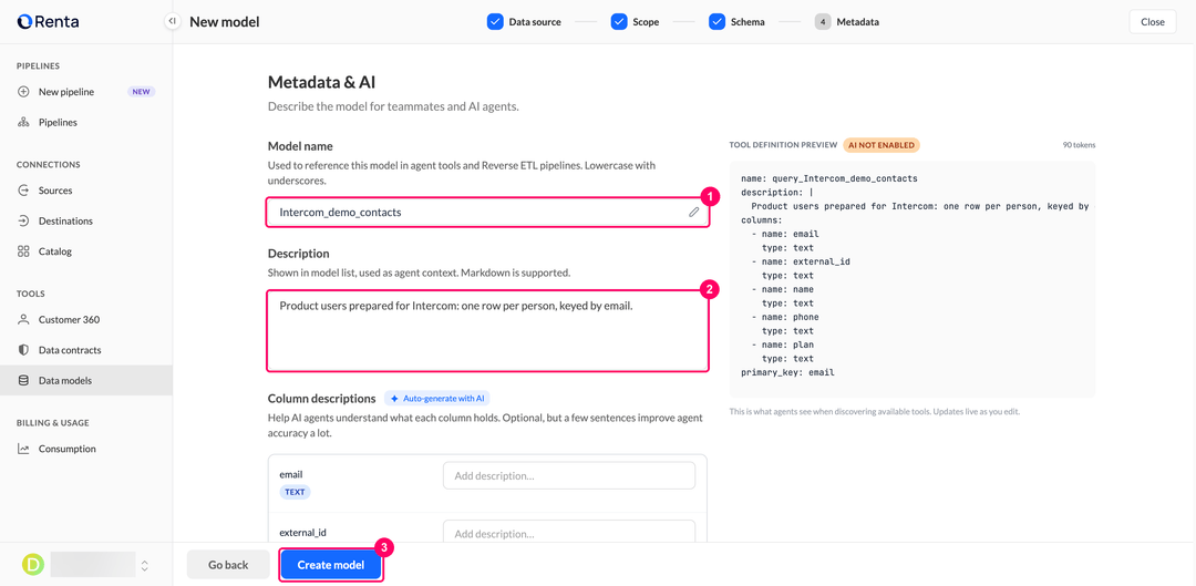 Шаг Metadata с полями имени и описания модели и кнопкой Create model