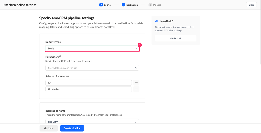 Настройки пайплайна amoCRM с выпадающим списком Report Types в значении Leads