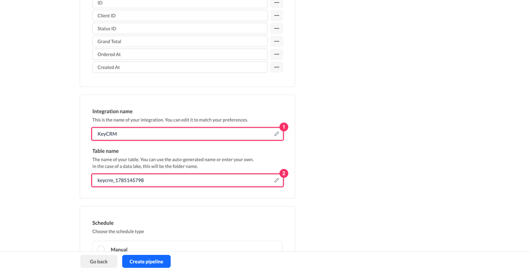 KeyCRM integration name and table name fields with the selected parameters list above