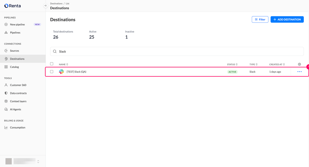 Destinations list with the new Slack destination in Active status