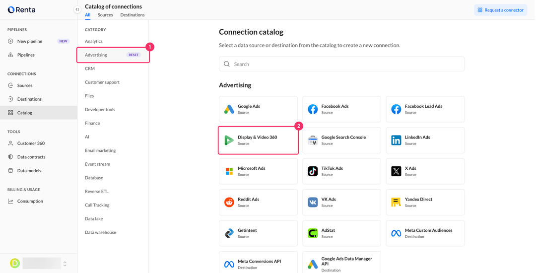Display & Video 360 card in the Advertising category of the Renta connection catalog