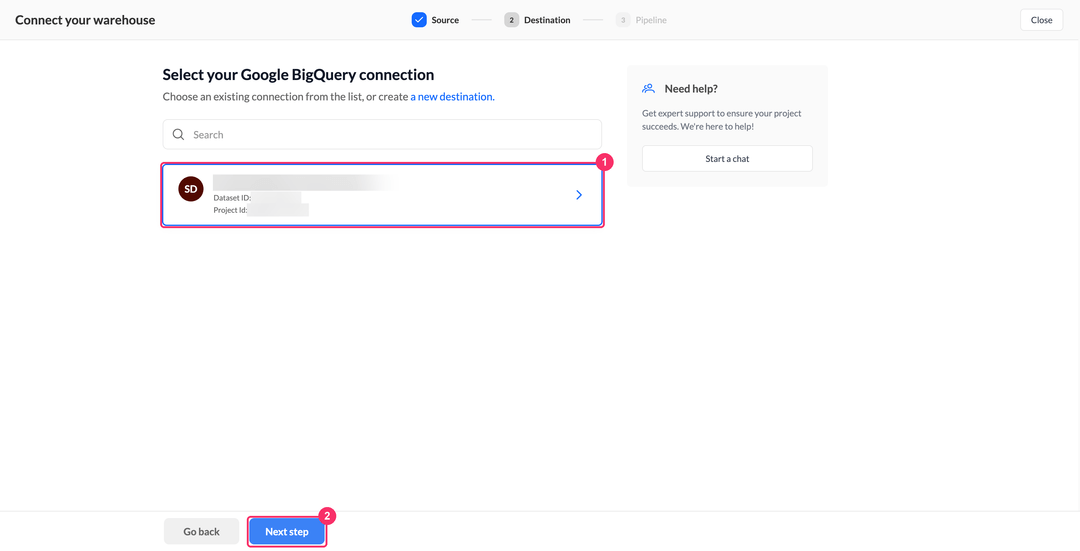 Шаг выбора подключения Google BigQuery