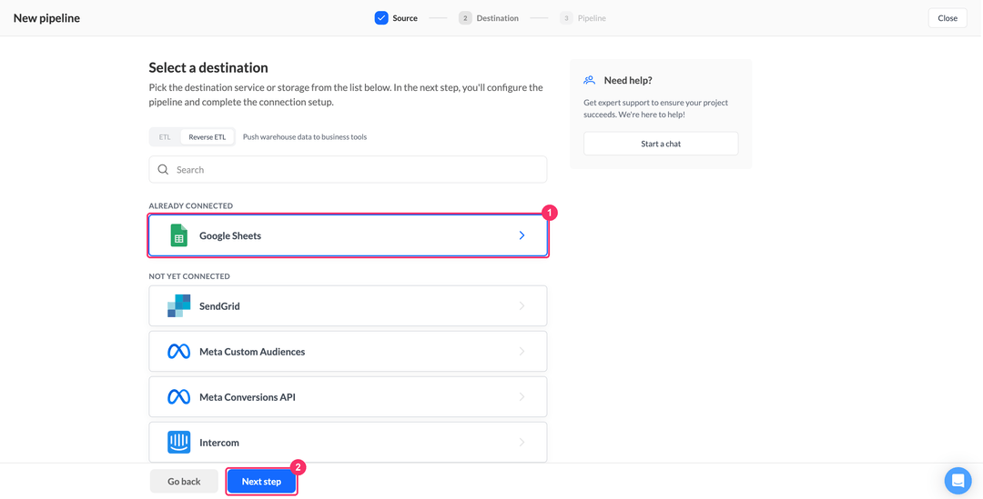 Шаг выбора назначения с переключателем Reverse ETL и карточкой Google Sheets