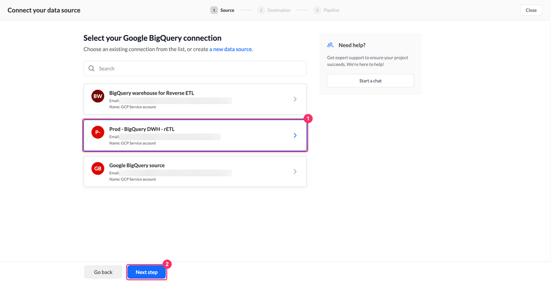 Шаг выбора подключения Google BigQuery в мастере создания пайплайна