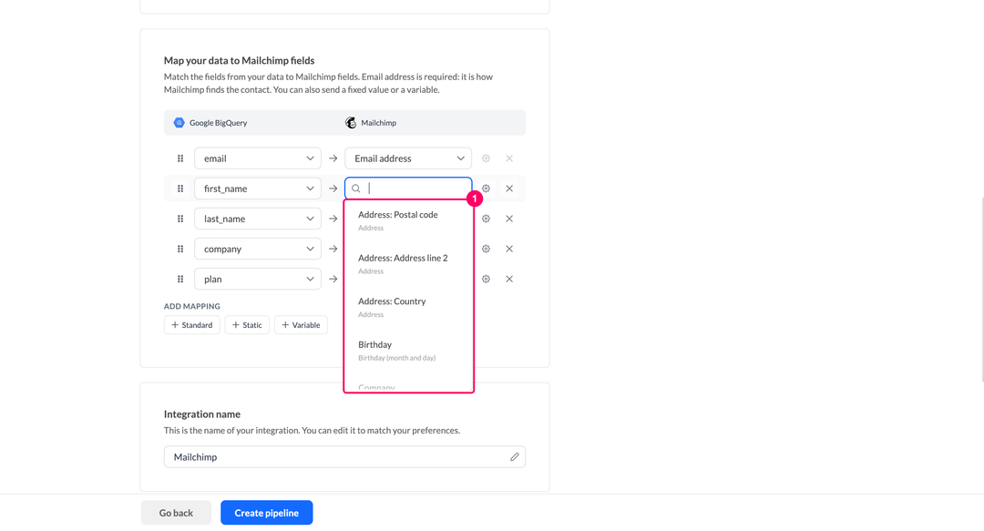 Mailchimp field dropdown with address parts and the Birthday field and their value hints