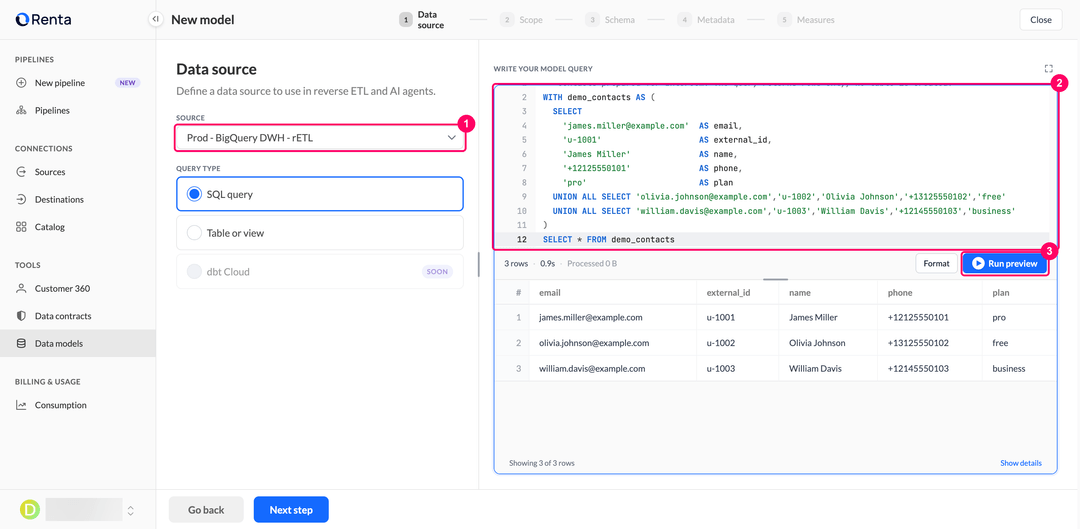 Шаг Data source с подключением хранилища, SQL-редактором и предпросмотром результата