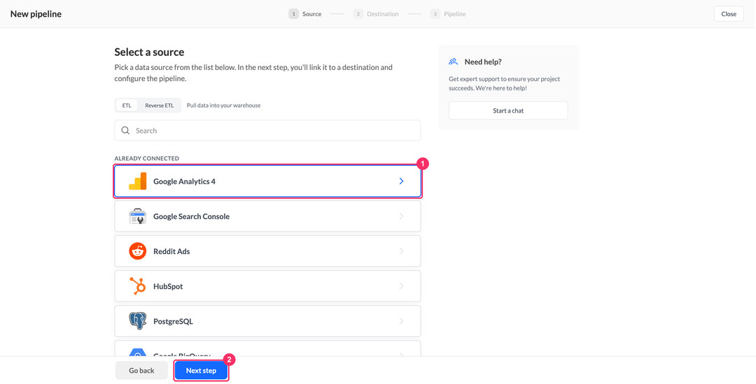 Шаг выбора источника с Google Analytics 4 в списке Already connected