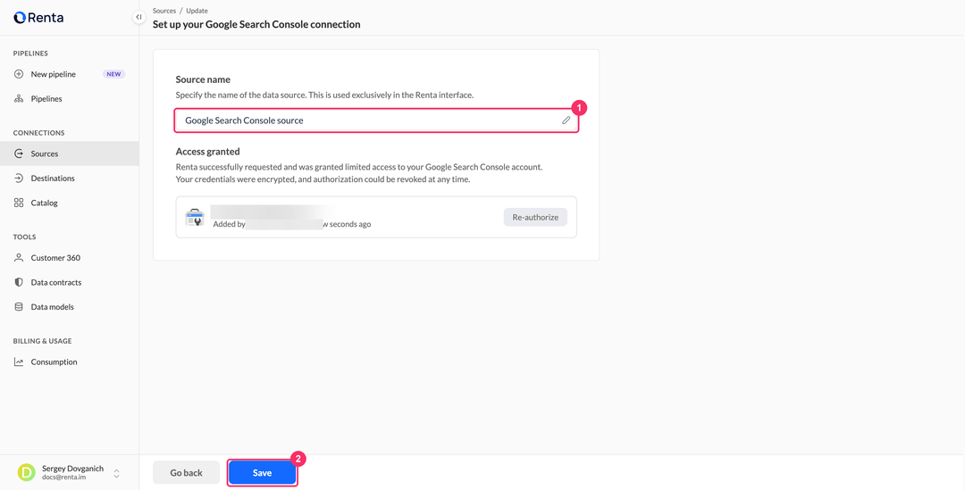 Настройка подключения Google Search Console с именем источника и подтверждённым доступом
