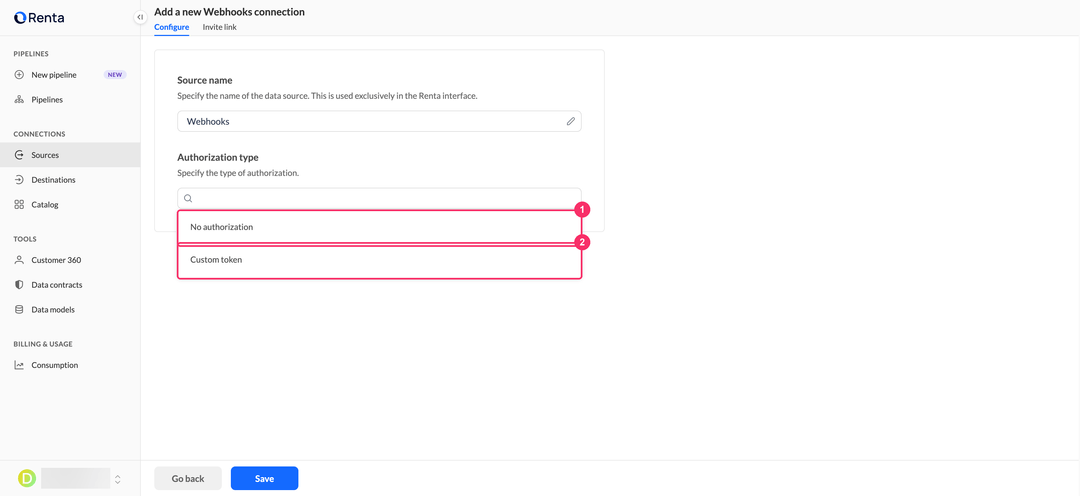 Authorization type dropdown with the No authorization and Custom token options
