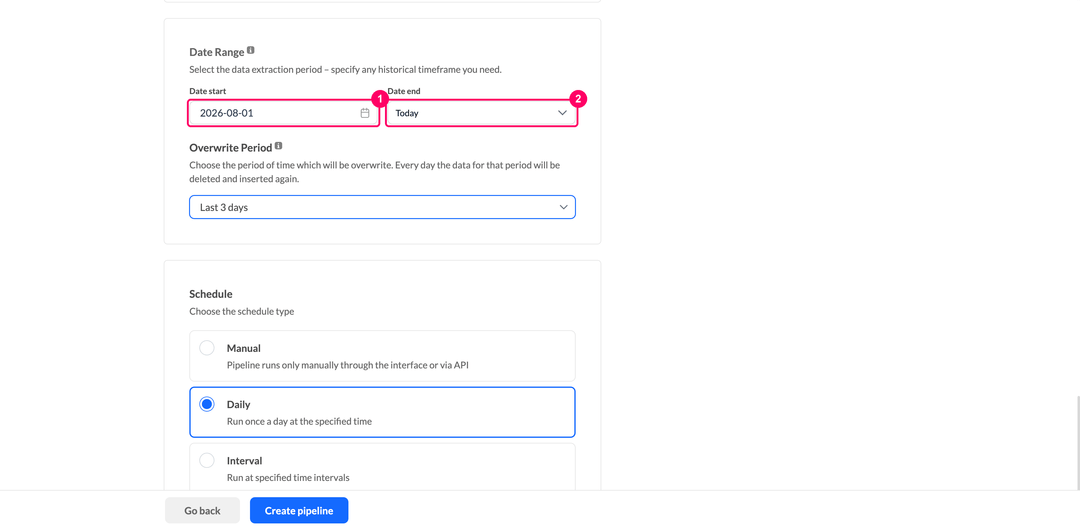 Date start and Date end fields of the Date Range block in an IikoWeb pipeline