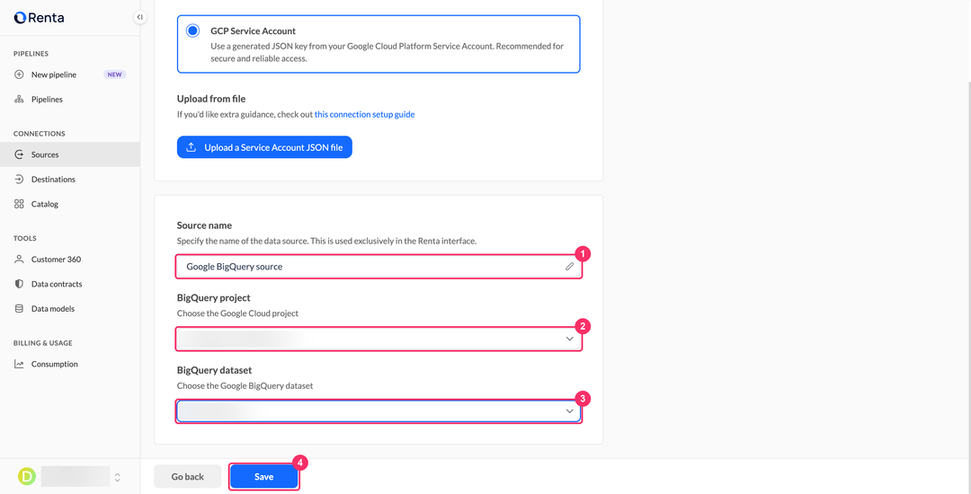 Google BigQuery connection form with the source name field and the project and dataset dropdowns