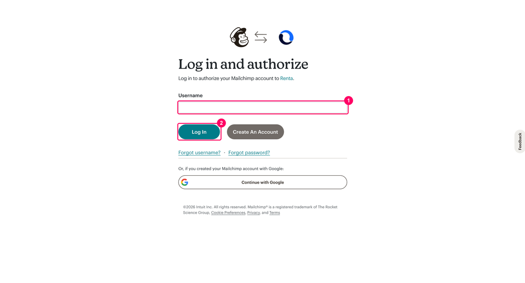 Mailchimp Log in and authorize page with the Username field and the Log In button