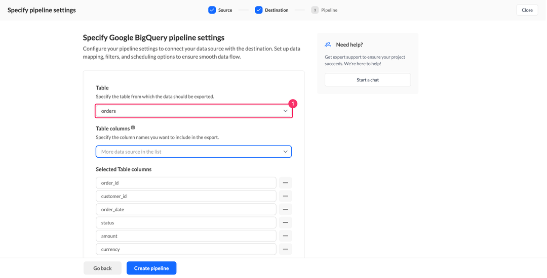 Google BigQuery pipeline settings with the Table dropdown set to orders and the selected table columns below
