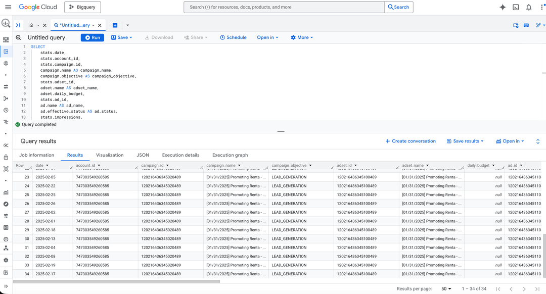 Результат выполнения SQL запроса в BigQuery