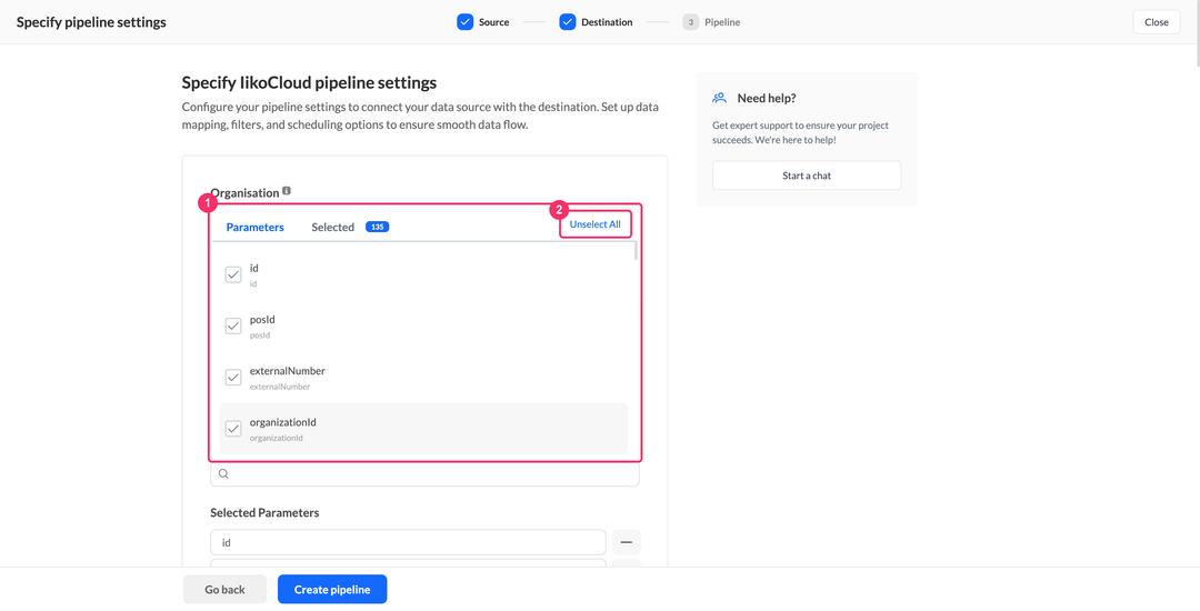 Parameters picker of the Delivery orders report with all fields checked