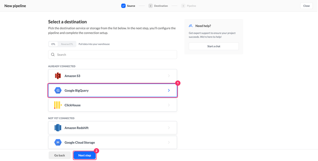 Select a destination step with the connected warehouses