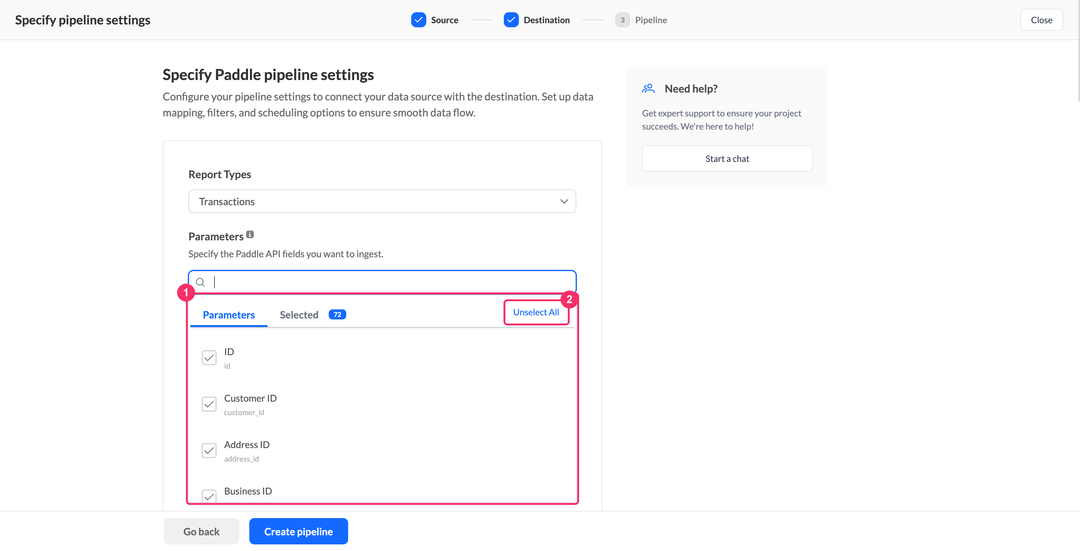 Paddle parameters picker with the Parameters and Selected tabs and the Unselect All button