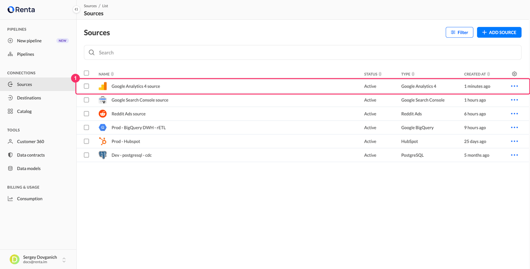 Список Sources с новым источником Google Analytics 4