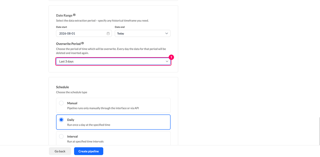 Overwrite Period dropdown of an IikoWeb pipeline set to Last 3 days