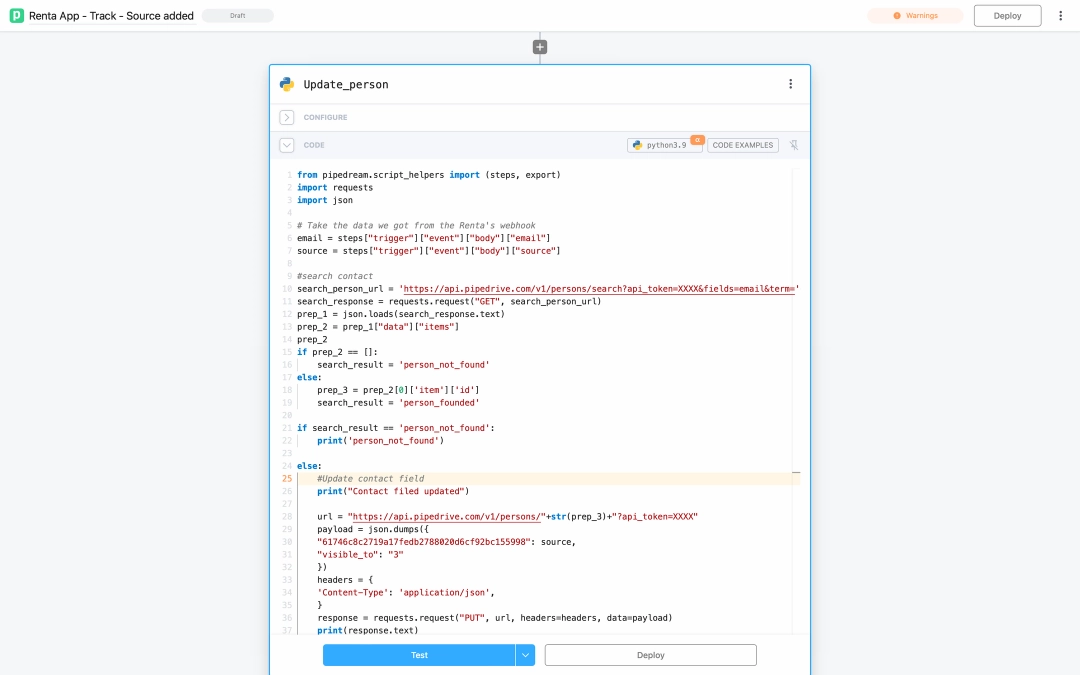 Пользовательский код на Python, который обновляет поля в Pipedrive CRM