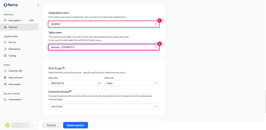 Integration name and Table name fields in the IikoWeb pipeline settings