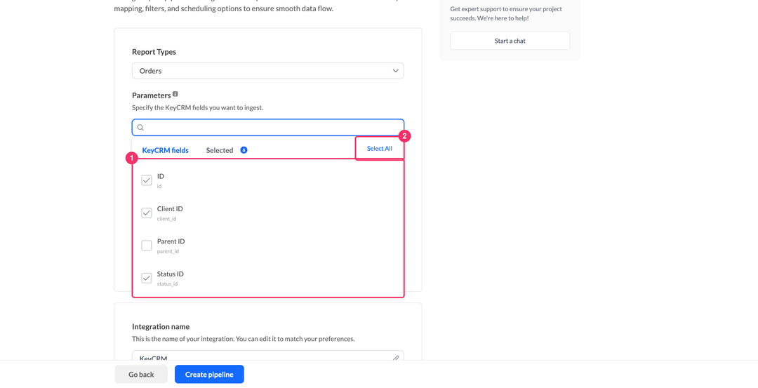 KeyCRM parameters picker with the KeyCRM fields and Selected tabs and the Select All button