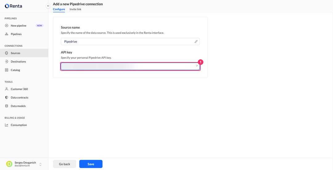Add a new Pipedrive connection page with the API key field