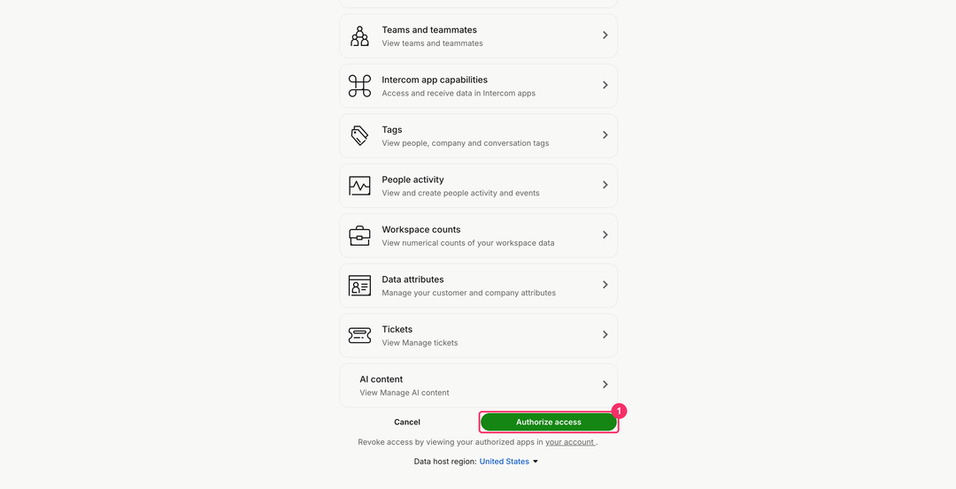 Intercom consent screen with the permission list, the Authorize access button, and the Data host region selector