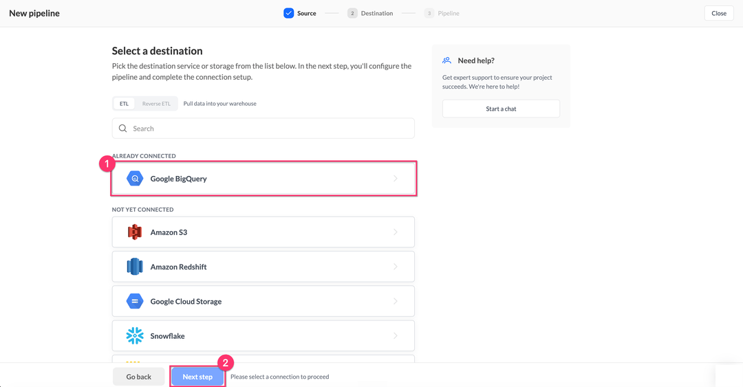 Select a destination step with Google BigQuery
