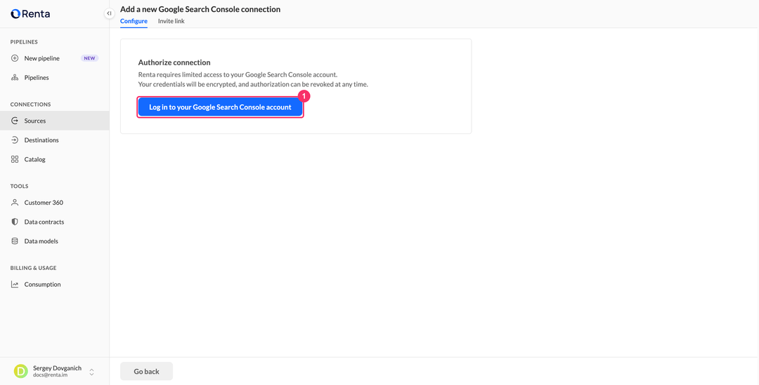 Страница авторизации подключения Google Search Console в Renta
