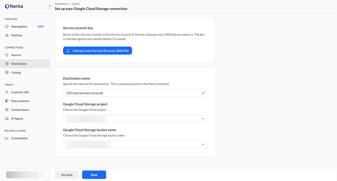 Настройки подключения Google Cloud Storage с названием назначения, списком проектов и списком бакетов