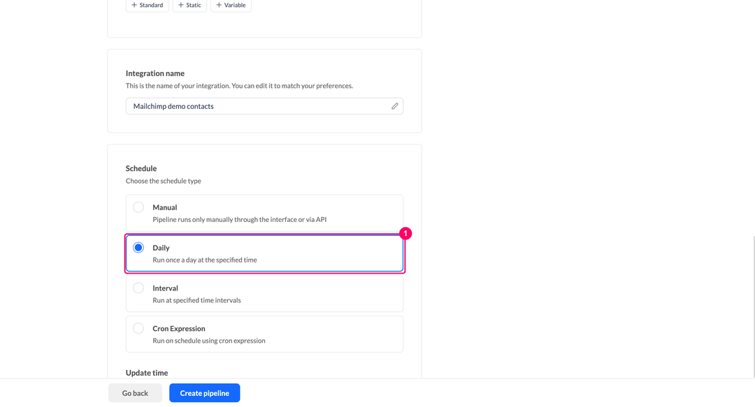 Schedule type selection for the Mailchimp pipeline with the Daily option checked