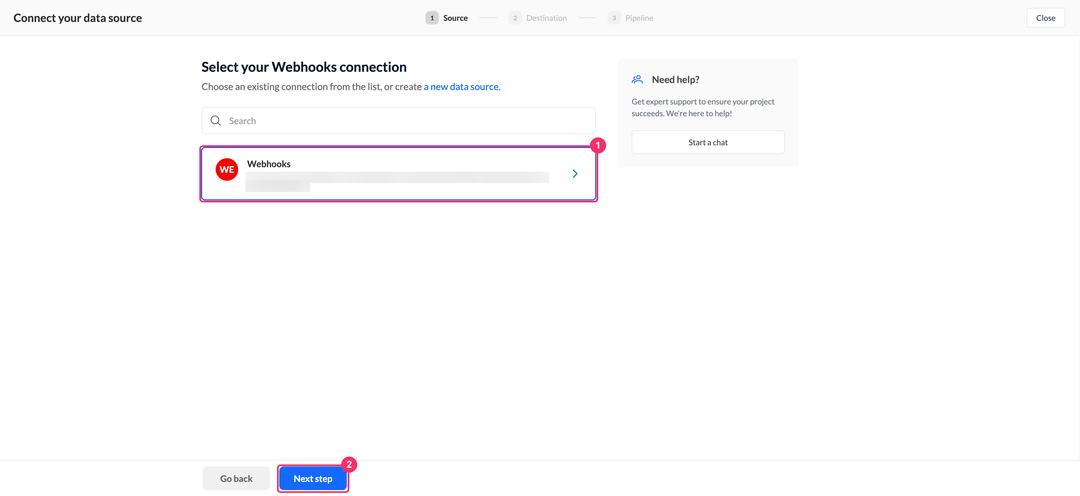 Select your Webhooks connection step with the connection card