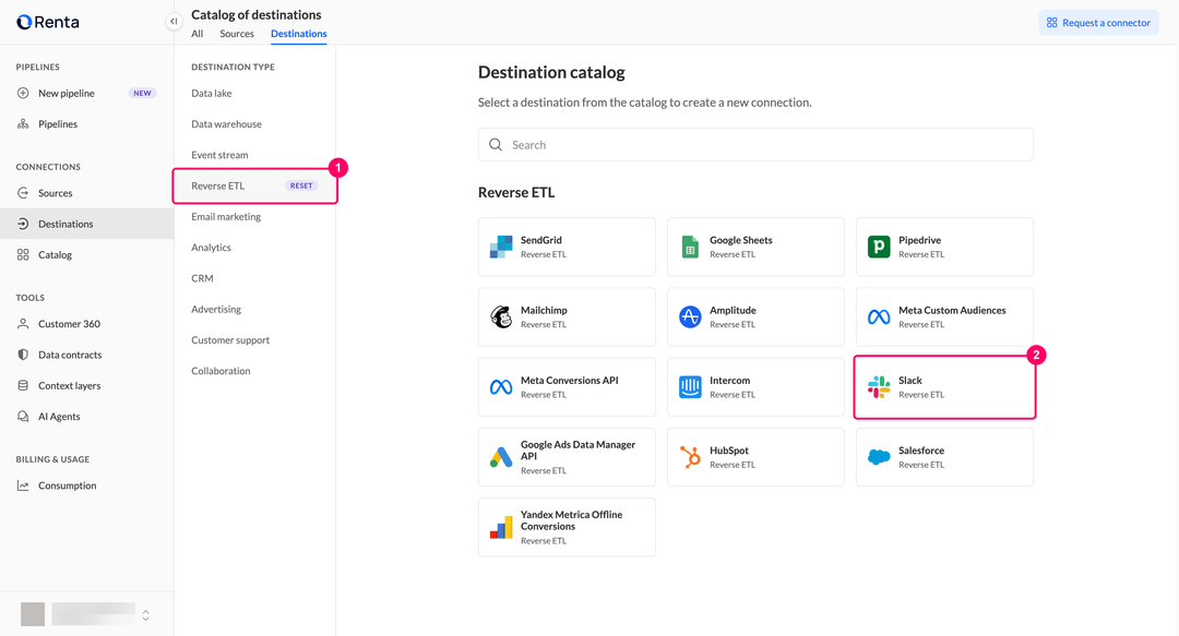Slack card in the Reverse ETL category of the Renta destination catalog
