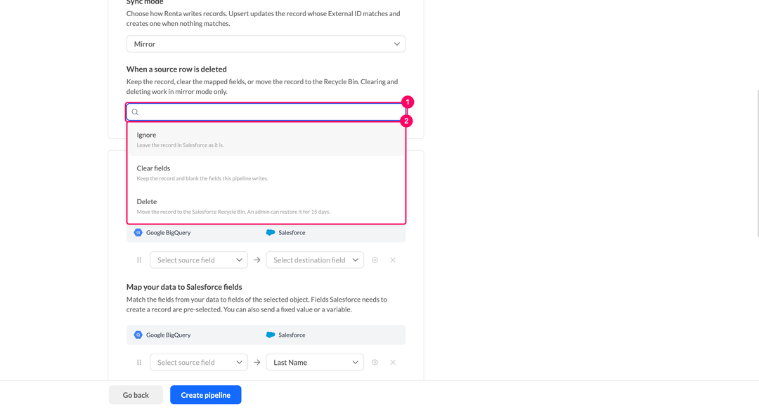 Список When a source row is deleted с вариантами Ignore, Clear fields и Delete в режиме Mirror