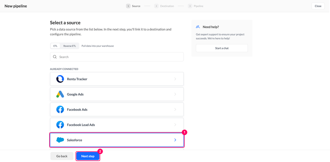 Шаг выбора источника в мастере пайплайна, Salesforce в блоке Already connected