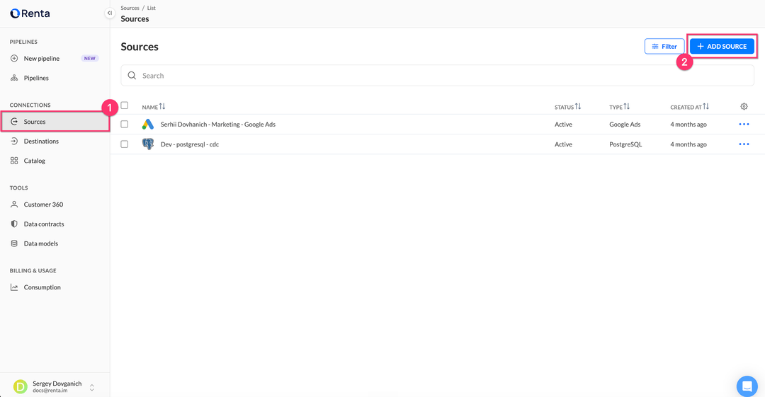 Renta Sources list with the Add source button