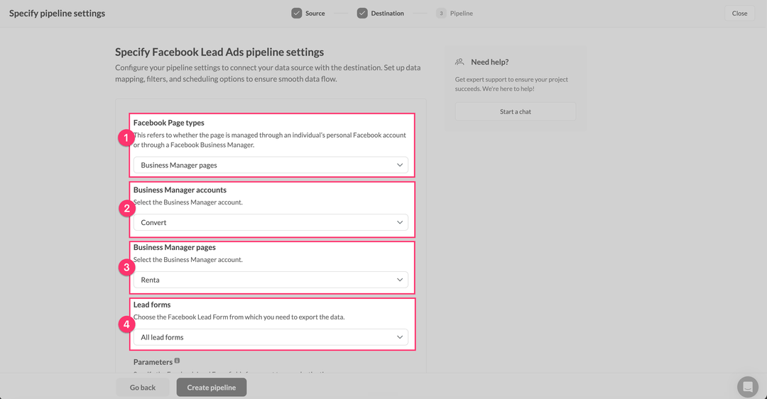 Facebook Lead Ads page type, Business Manager, and lead form selection