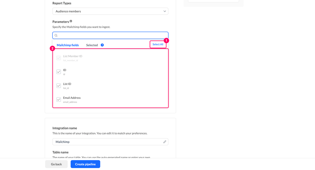 Mailchimp parameters picker with several fields checked, the locked List Member ID field, and the Select All button