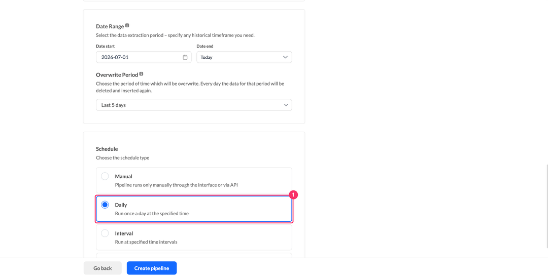 Google Search Console schedule type selection