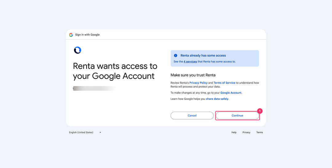 Экран согласия Google с запросом доступа для Renta