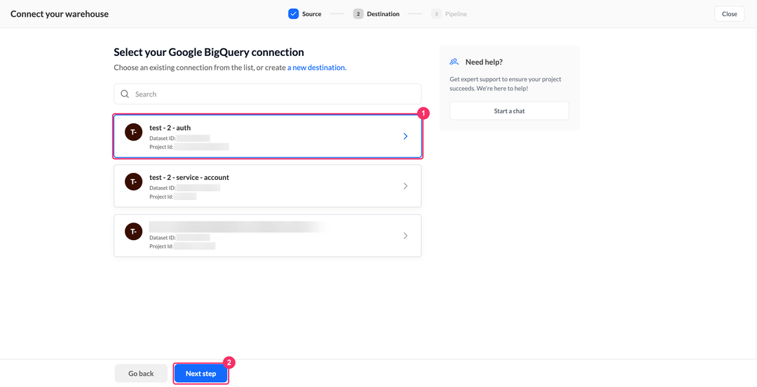 Select your Google BigQuery connection step with the dataset and project identifiers on the card