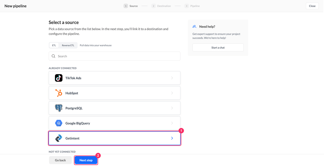 Select a source step with Getintent under Already connected