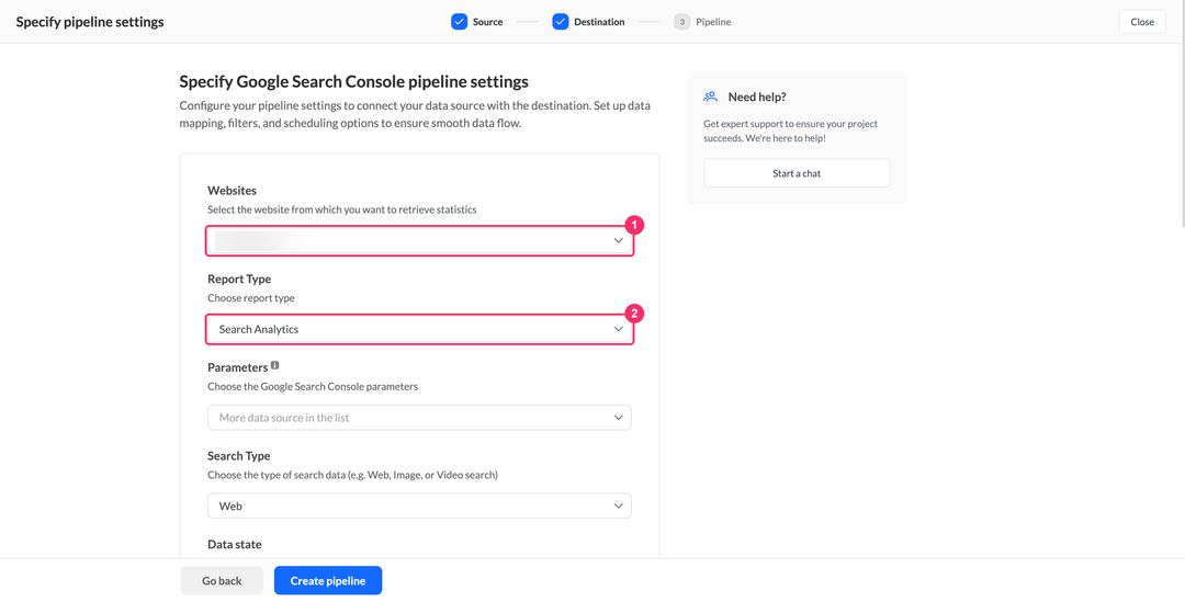 Google Search Console website and report type selection