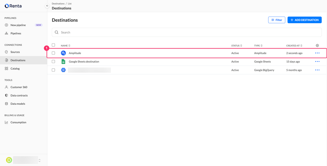 Destinations list with the new Amplitude destination in Active status